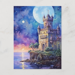 Moonlit Magic Over a Portuguese Cliffside Castle Holiday Postcard