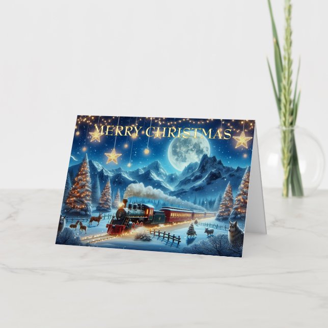 Moonlit Magical Snowy Winter Holiday Train Scene (Front)