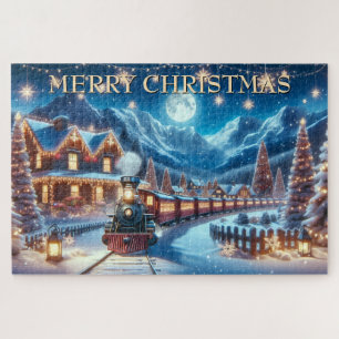 Moonlit Magical Snowy Winter Holiday Train Scene Jigsaw Puzzle