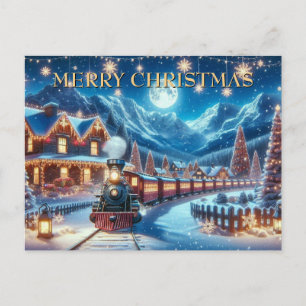 Moonlit Magical Snowy Winter Holiday Train Scene Postcard