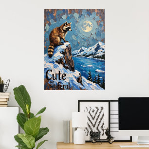 Moonlit Majesty: Racoon Over Snowy Lake Poster