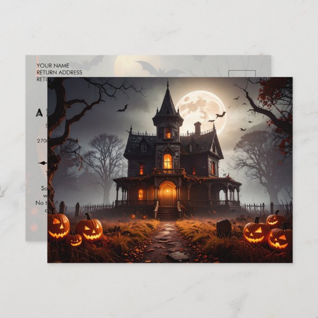 Moonlit Mansion Halloween Party Invitation  Postcard (Front/Back)
