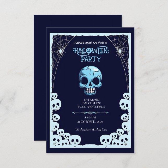 Moonlit Mayhem: A Blue And Black Halloween Invitation (Front/Back)