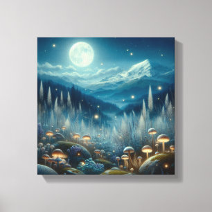 Moonlit Meadow Glow with Silver Mist and Fireflies Canvas Print