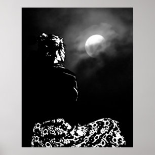 Moonlit Meditation: Black and White Illustration Poster