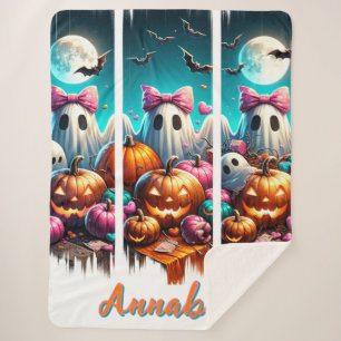 Moonlit Mischief – Ghosts in Pink Bows Sherpa Blanket