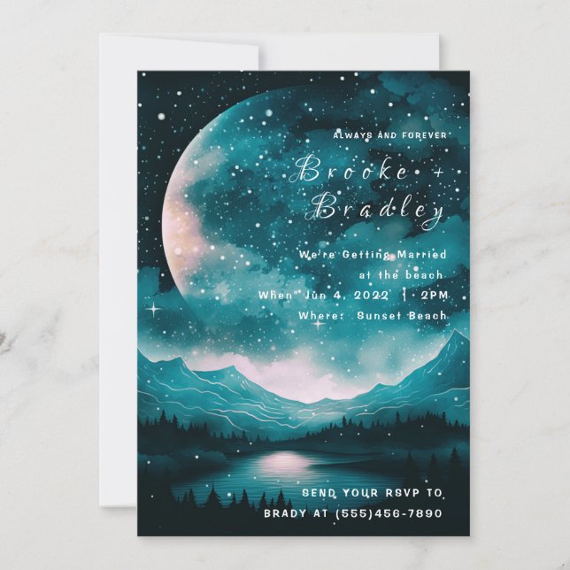 Moonlit Mountain Lake Wedding Invitation (Front)