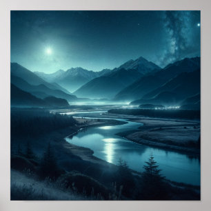 Moonlit Mountain River Under Stars Poster