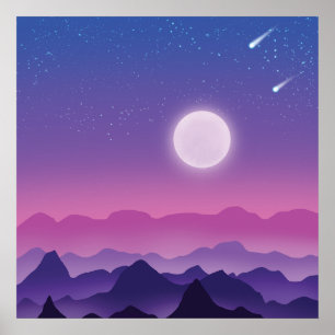 Moonlit Mountains In Purple  Poster