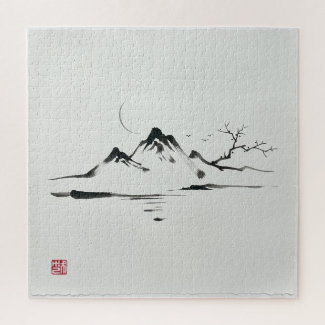 "Moonlit Mountains: Sumi-e Landscape" Jigsaw Puzzle (Vertical)