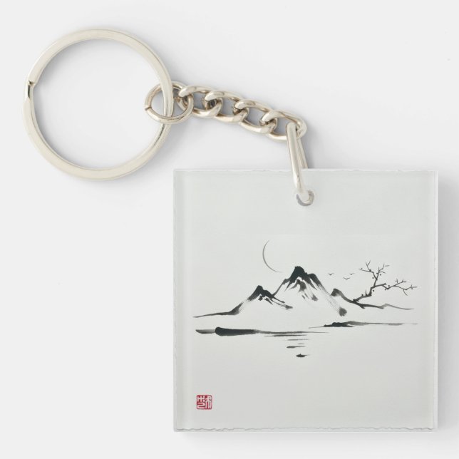 "Moonlit Mountains: Sumi-e Landscape" Key Ring (Front)