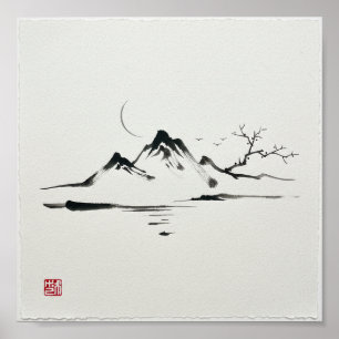 "Moonlit Mountains: Sumi-e Landscape" Poster