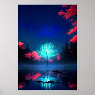 Moonlit Mystery, The Enigmatic Tree Bathed in Blue Poster