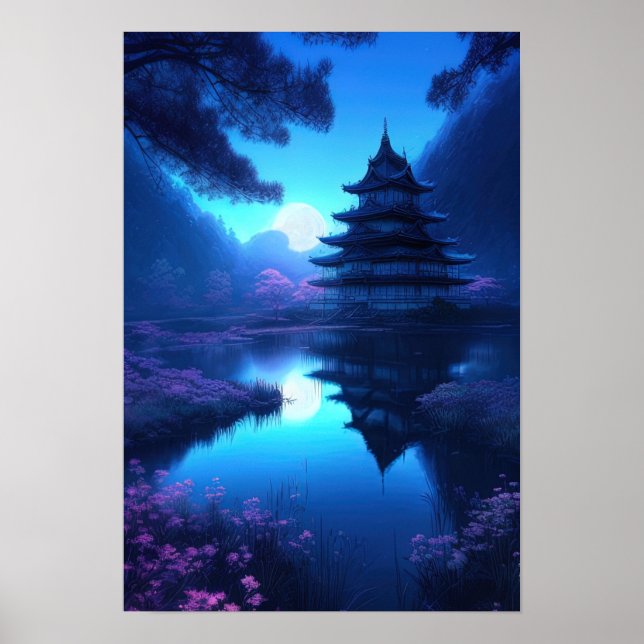 Moonlit Night at Japanese Castle by the lake Poster (Front)