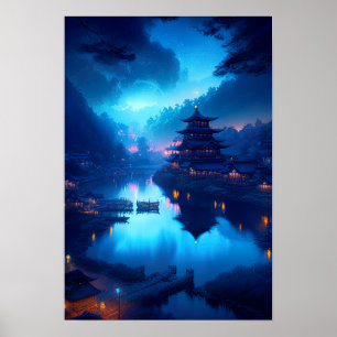  Moonlit Night, Historic Japanese Town Poster