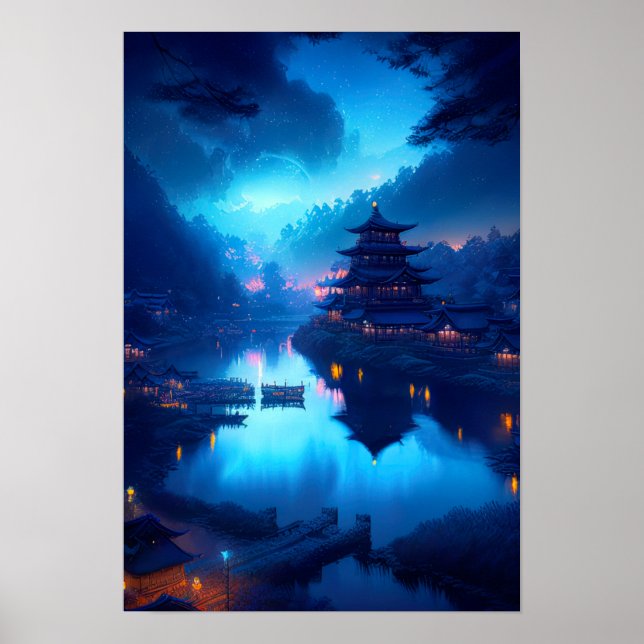  Moonlit Night, Historic Japanese Town Poster (Front)