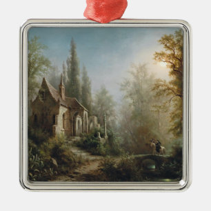 Moonlit Night over Country Chapel and Horse Riders Metal Tree Decoration
