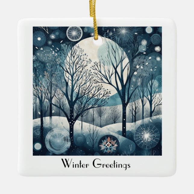 Moonlit Nordic Forest, customisable Ceramic Ornament (Front)