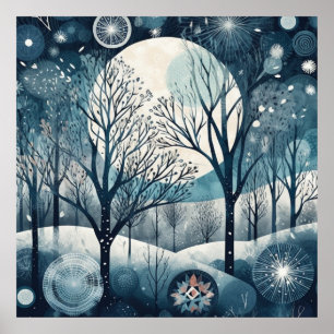Moonlit Nordic Forest Winter Night Poster