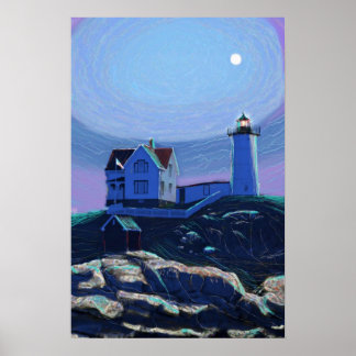 Moonlit Nubble Lighthouse Standard Premium Canvas Poster