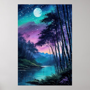 Moonlit Oasis: Bamboo-Clad Riverbank Poster
