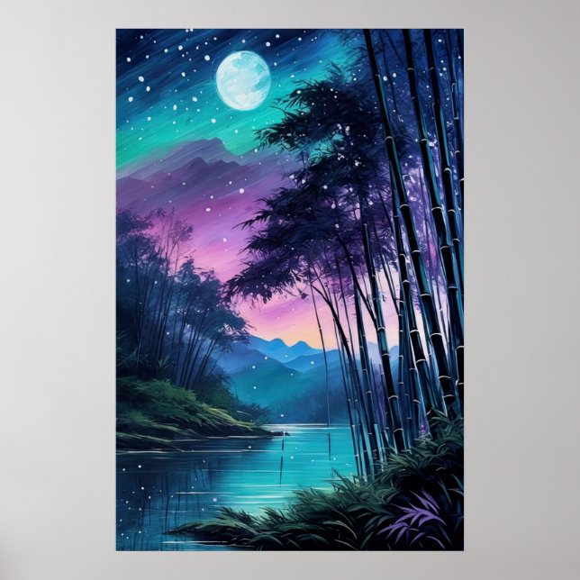 Moonlit Oasis: Bamboo-Clad Riverbank Poster (Front)