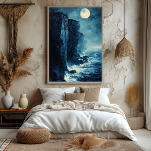 Moonlit Ocean Cliffs in Monochrome Blue Poster