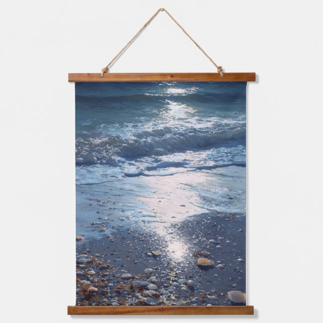 Moonlit Ocean Reflection with Shells Art Hanging Tapestry (Front)