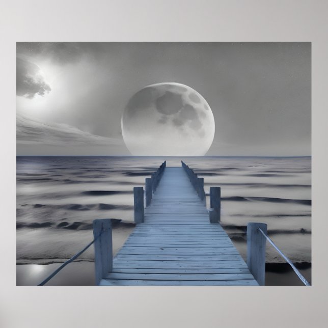 Moonlit Ocean Serenity: Coastal Pier by Night Poster (Front)
