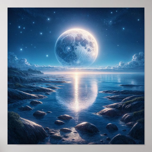 Moonlit Ocean Under Starry Sky Poster (Front)