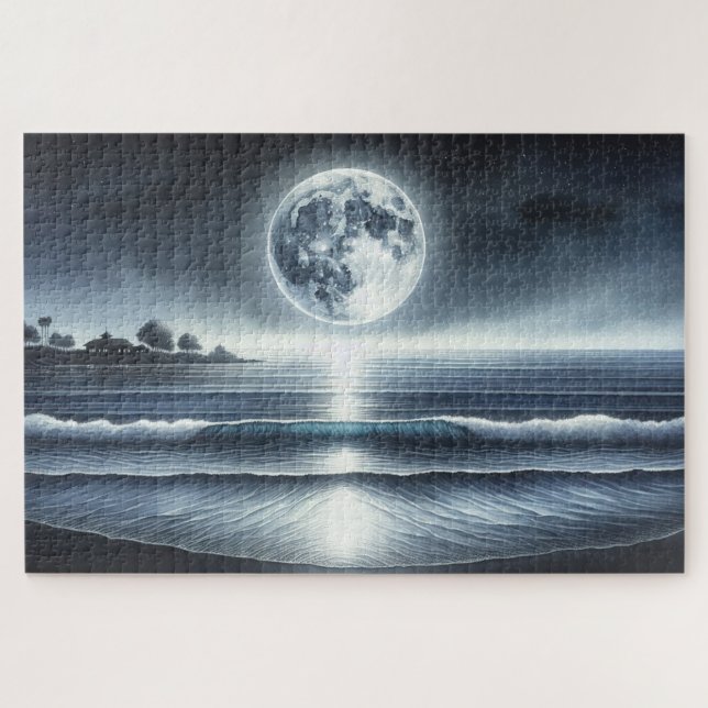 Moonlit Ocean Waves Celestial Night Sky Jigsaw Puzzle (Horizontal)