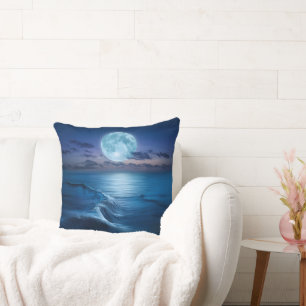 Moonlit Ocean Waves with Full Moon Cushion