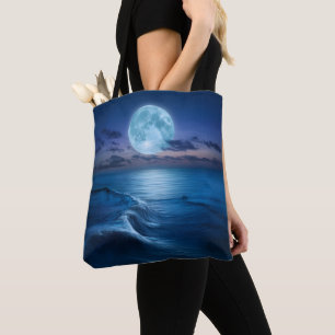 Moonlit Ocean Waves with Full Moon Tote Bag