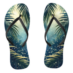 Moonlit palm leaves & twinkling bugs, watercolor flip flops