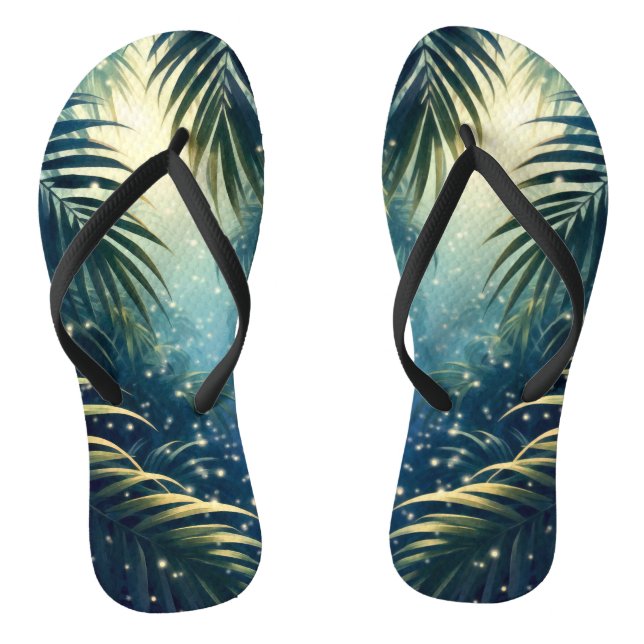 Moonlit palm leaves & twinkling bugs, watercolor flip flops (Footbed)