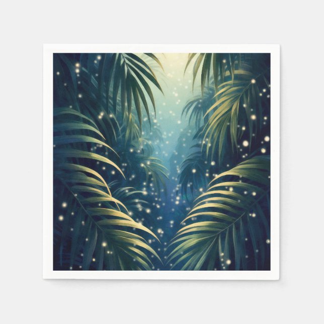 Moonlit palm leaves with fireflies, watercolor art napkin (Front)