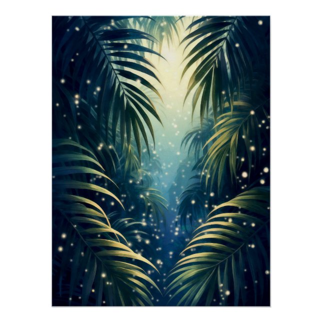 Moonlit palm leaves with fireflies, watercolor poster (Front)
