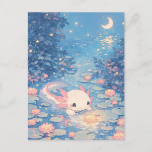 Moonlit Pastel Kawaii Axolotl Pond Postcard