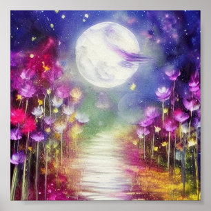 Moonlit path of wispy colours poster