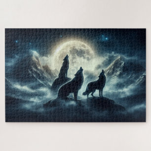 Moonlit Peaks, Majestic Wolves, Howling Wolves Jigsaw Puzzle