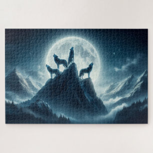 Moonlit Peaks, Majestic Wolves, Howling Wolves Jigsaw Puzzle