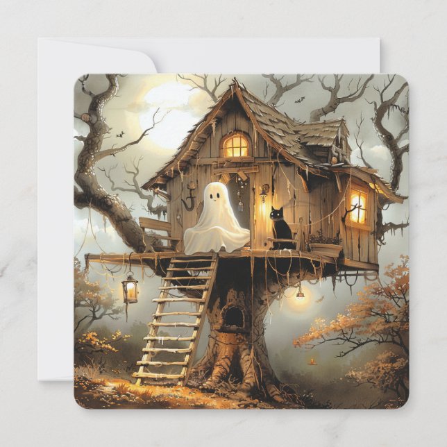 Moonlit Perch – Ghost & Cat in the Treehouse (Front)