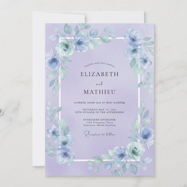 Moonlit Periwinkle Painted Petal Wedding Invitation (Front)