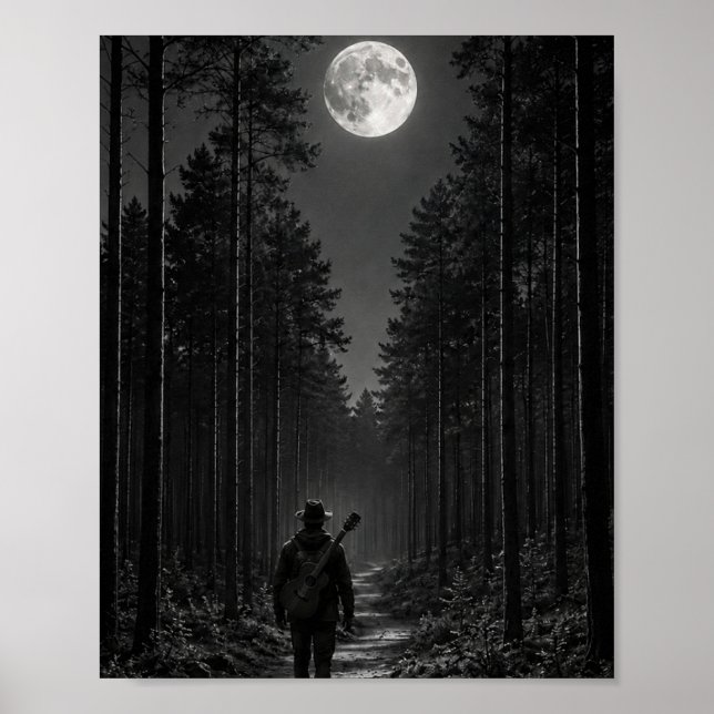 Moonlit Pine Forest Wanderer with Guitar Black and Poster (Front)
