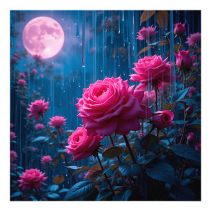 Moonlit Pink Rose Rain Photo Print Wall Decor