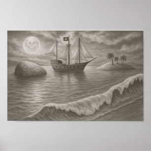 Moonlit Pirate Ship Drawing – Nautical Fantasy Poster