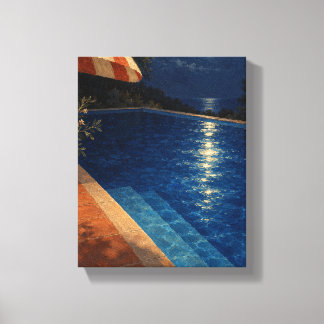 Moonlit Pool with Striped Umbrella Dreamy Canvas P Print