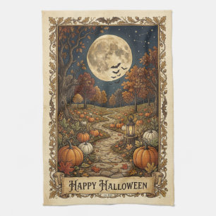 Moonlit Pumpkin Path Halloween Harvest Tea Towel
