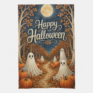 Moonlit Pumpkin Path Halloween Harvest Tea Towel