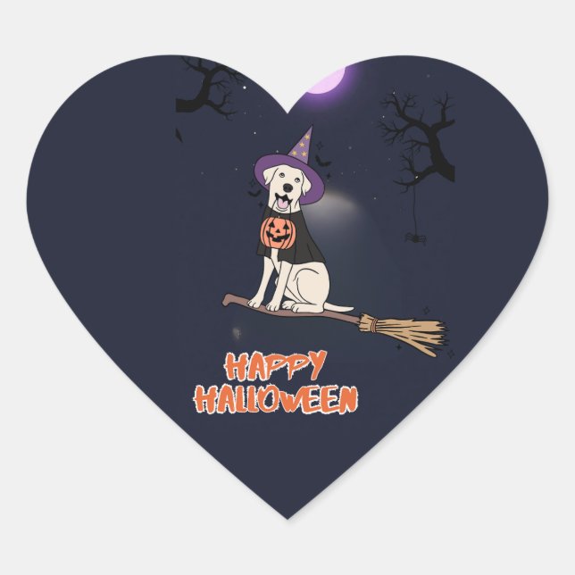 Moonlit Pup – Halloween Dog in Witch Hat Heart Sticker (Front)
